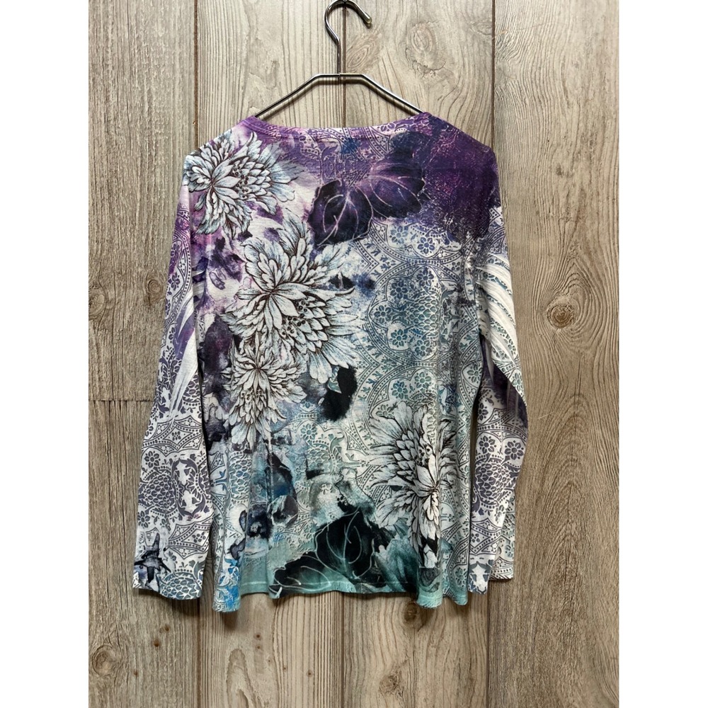 Coldwater Creek Womens L 14 Purple Floral Mandala Long Sleeve Top Made in USA - Picture 6 of 7
